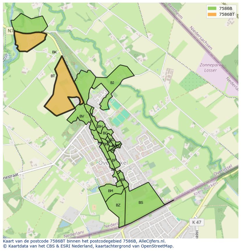 Afbeelding van het postcodegebied 7586 BT op de kaart.