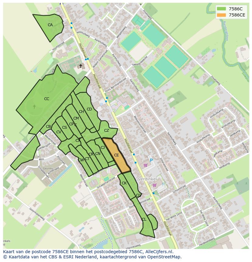 Afbeelding van het postcodegebied 7586 CE op de kaart.