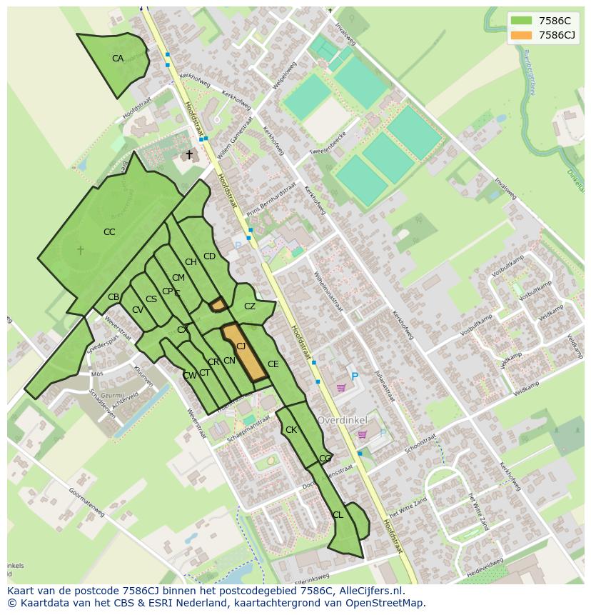 Afbeelding van het postcodegebied 7586 CJ op de kaart.