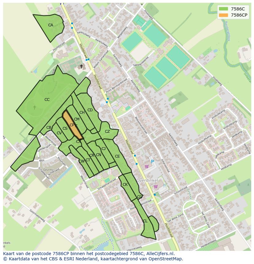 Afbeelding van het postcodegebied 7586 CP op de kaart.