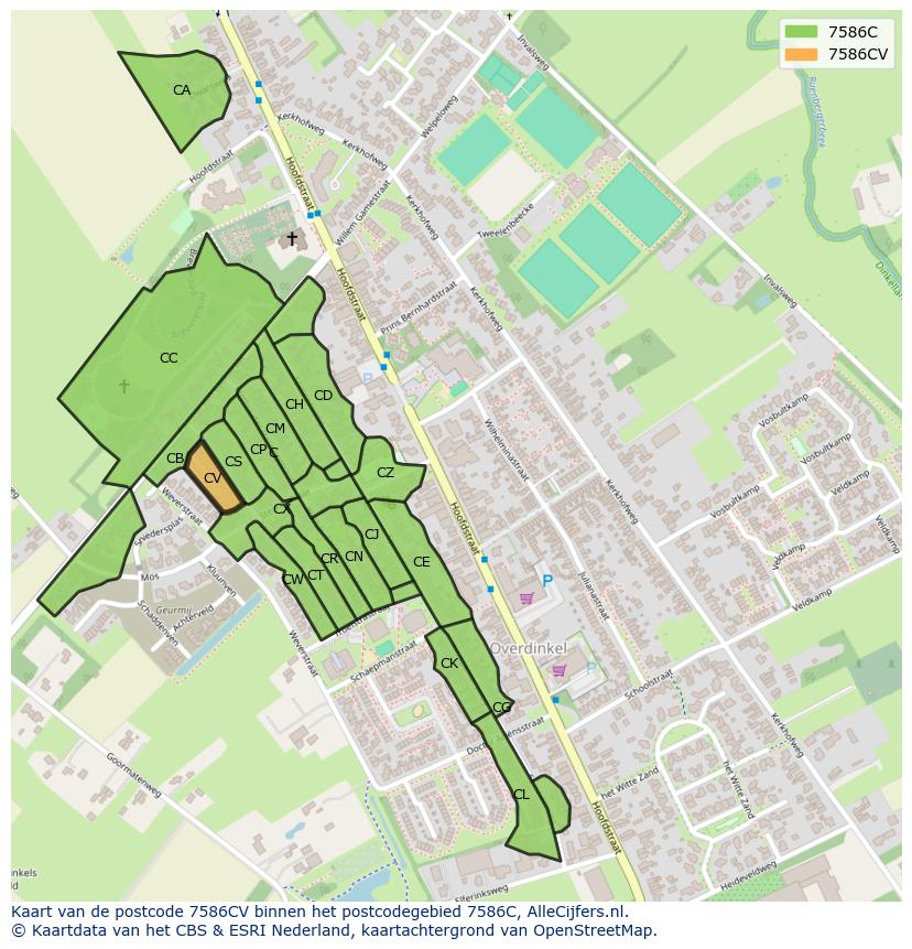 Afbeelding van het postcodegebied 7586 CV op de kaart.