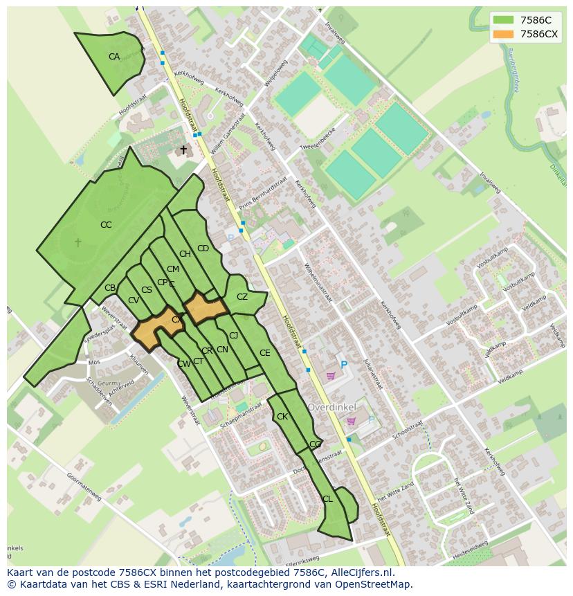 Afbeelding van het postcodegebied 7586 CX op de kaart.