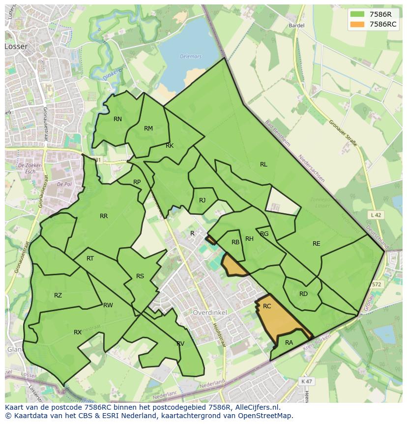 Afbeelding van het postcodegebied 7586 RC op de kaart.