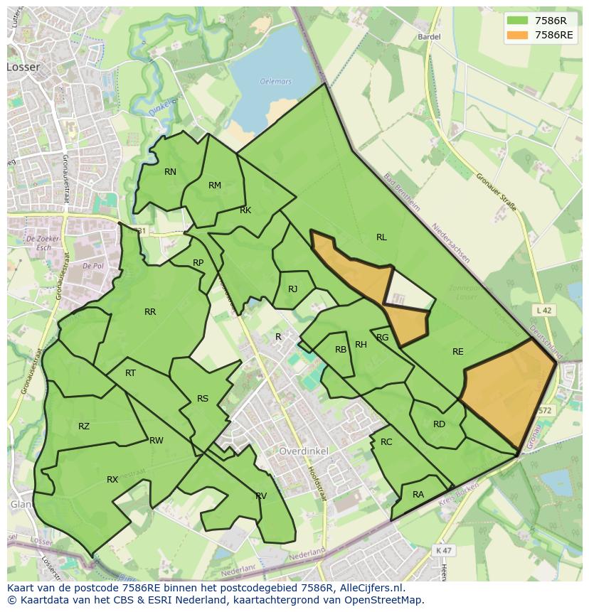 Afbeelding van het postcodegebied 7586 RE op de kaart.