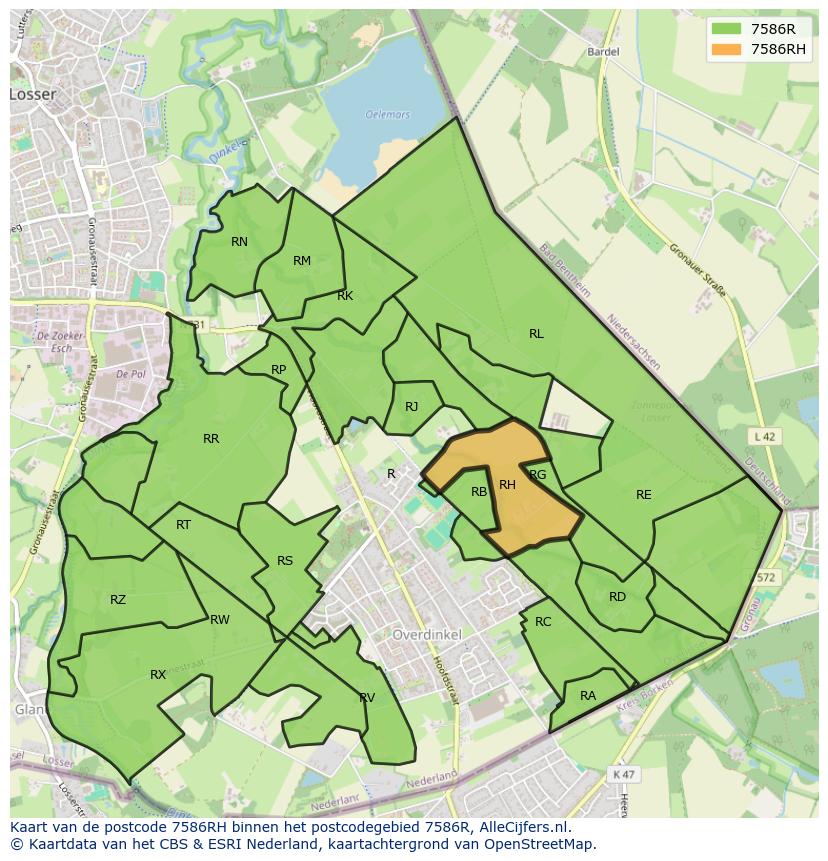 Afbeelding van het postcodegebied 7586 RH op de kaart.