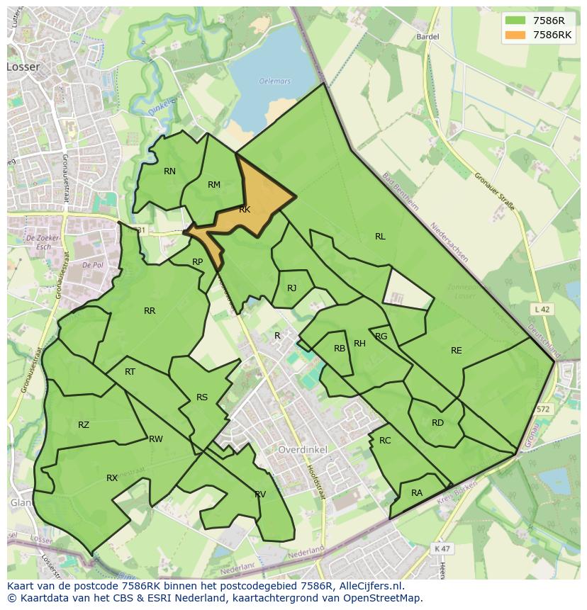 Afbeelding van het postcodegebied 7586 RK op de kaart.