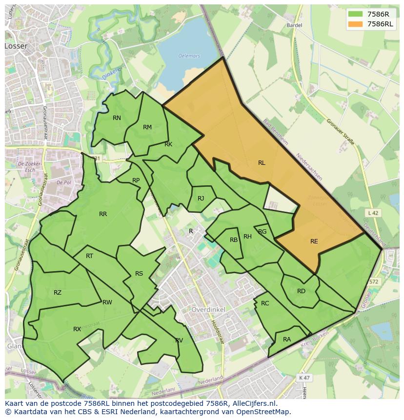 Afbeelding van het postcodegebied 7586 RL op de kaart.