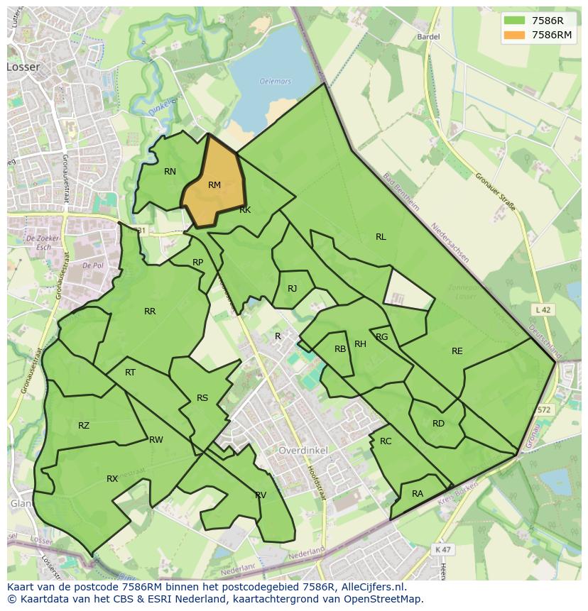 Afbeelding van het postcodegebied 7586 RM op de kaart.
