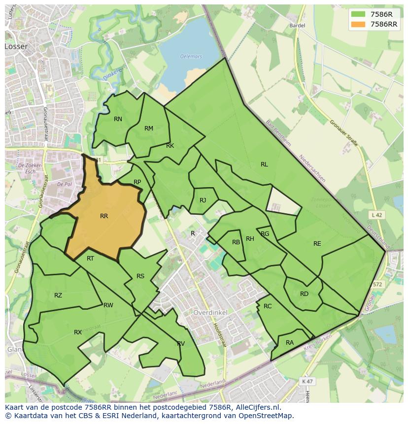 Afbeelding van het postcodegebied 7586 RR op de kaart.