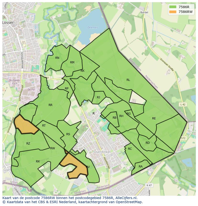 Afbeelding van het postcodegebied 7586 RW op de kaart.