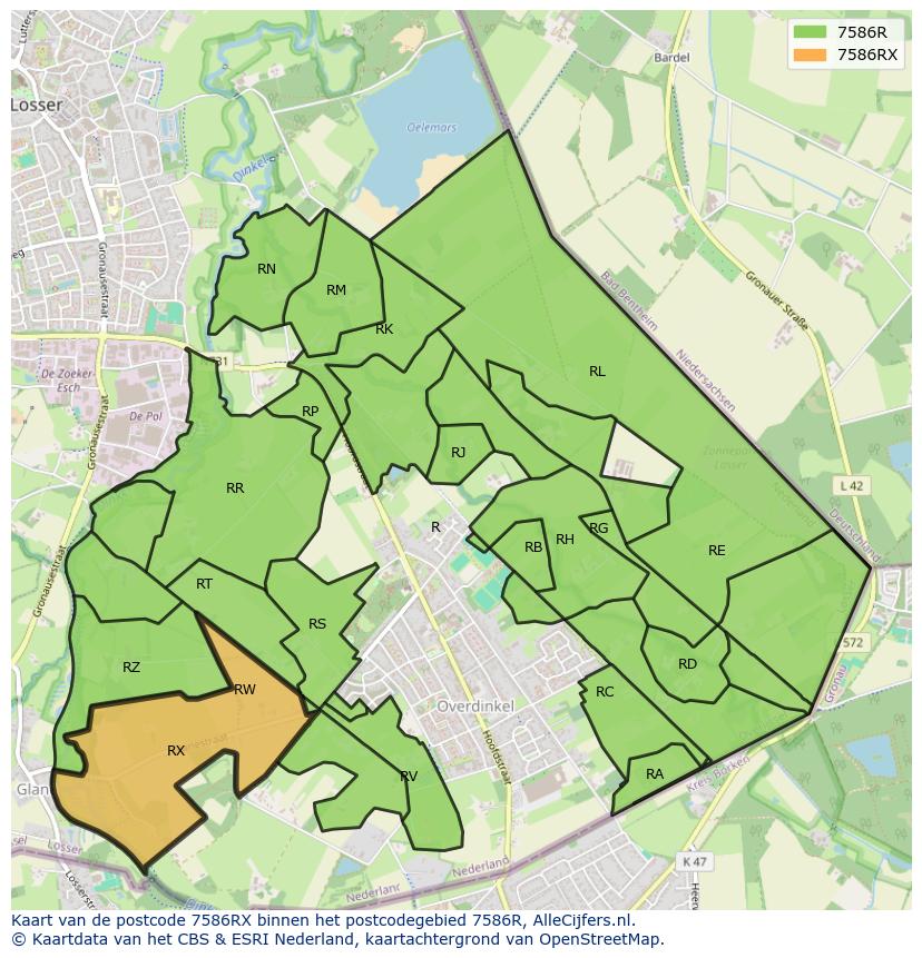 Afbeelding van het postcodegebied 7586 RX op de kaart.