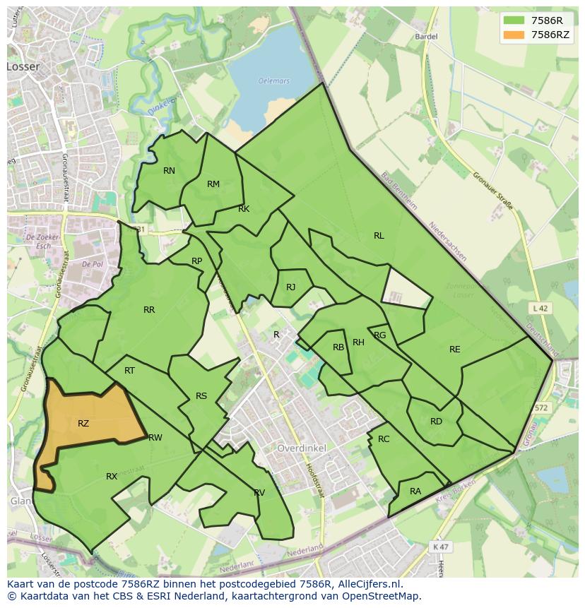 Afbeelding van het postcodegebied 7586 RZ op de kaart.