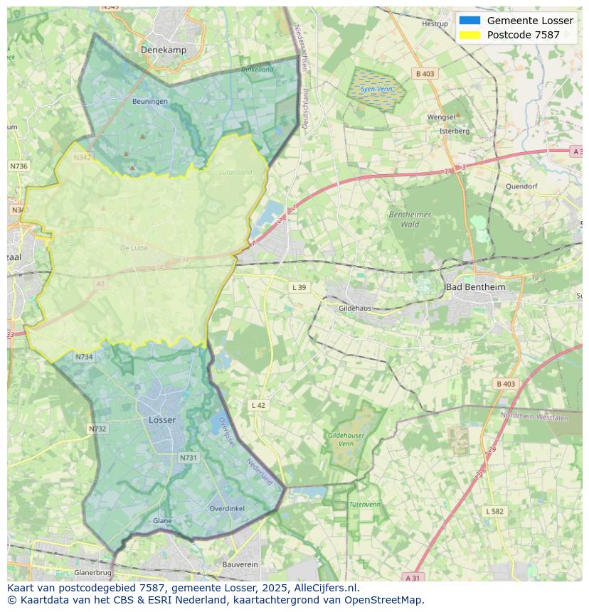 Afbeelding van het postcodegebied 7587 op de kaart.