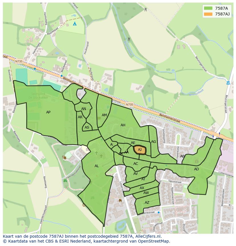 Afbeelding van het postcodegebied 7587 AJ op de kaart.