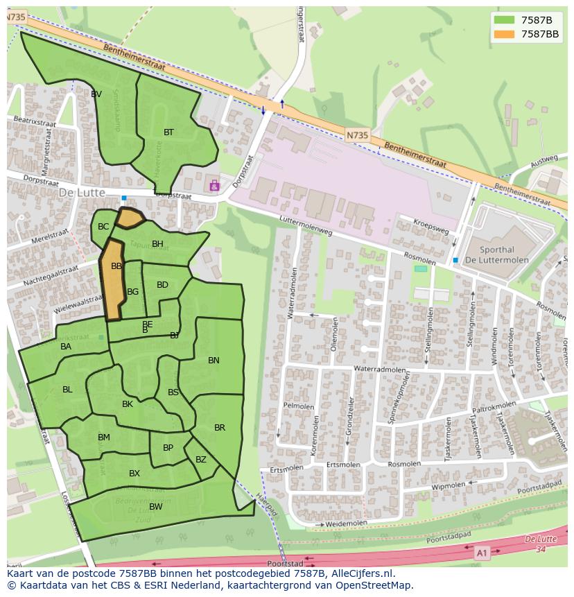 Afbeelding van het postcodegebied 7587 BB op de kaart.
