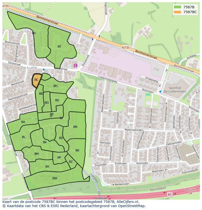 Afbeelding van het postcodegebied 7587 BC op de kaart.