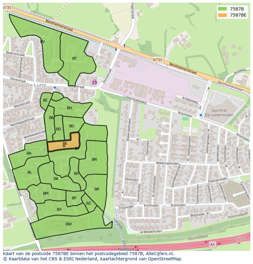 Afbeelding van het postcodegebied 7587 BE op de kaart.