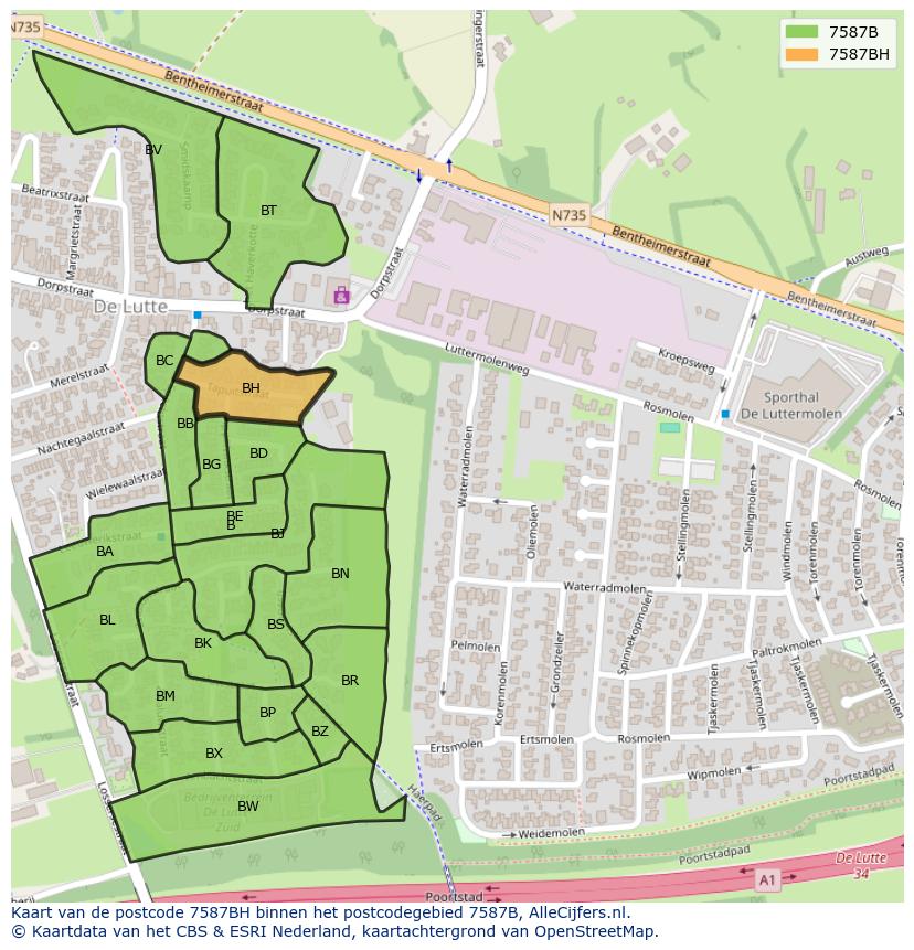 Afbeelding van het postcodegebied 7587 BH op de kaart.