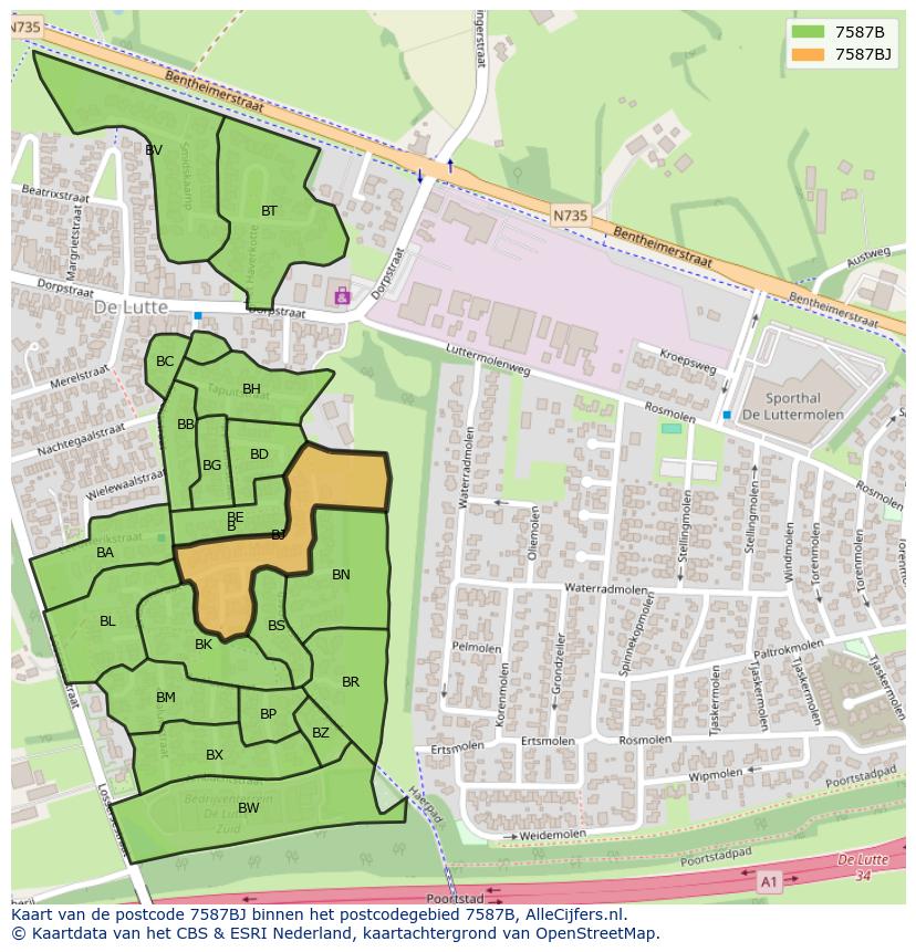 Afbeelding van het postcodegebied 7587 BJ op de kaart.