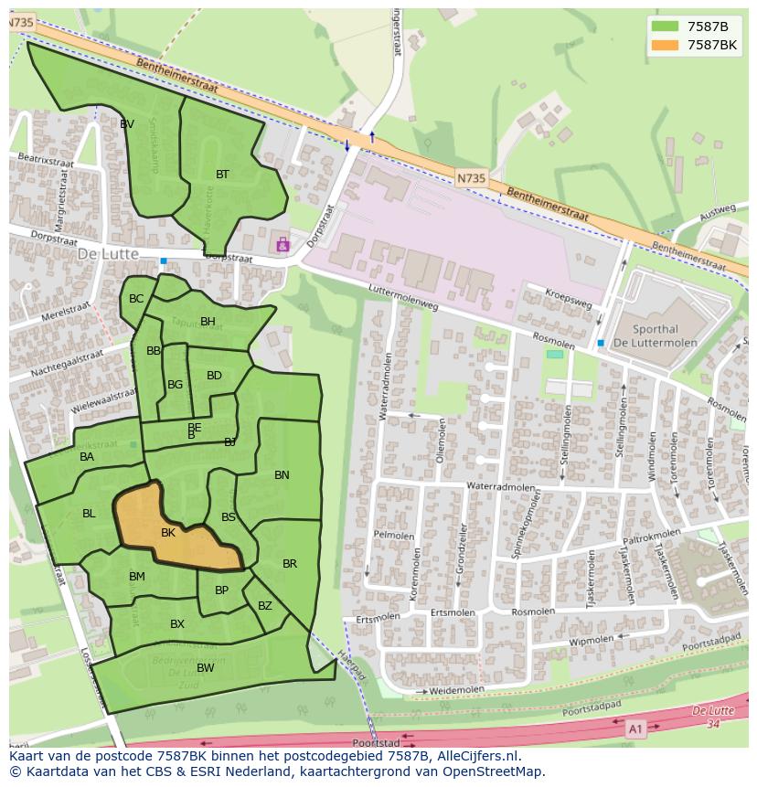 Afbeelding van het postcodegebied 7587 BK op de kaart.
