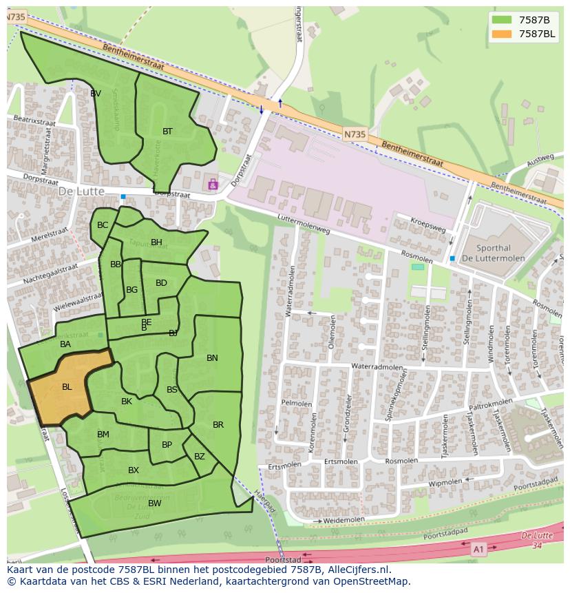 Afbeelding van het postcodegebied 7587 BL op de kaart.