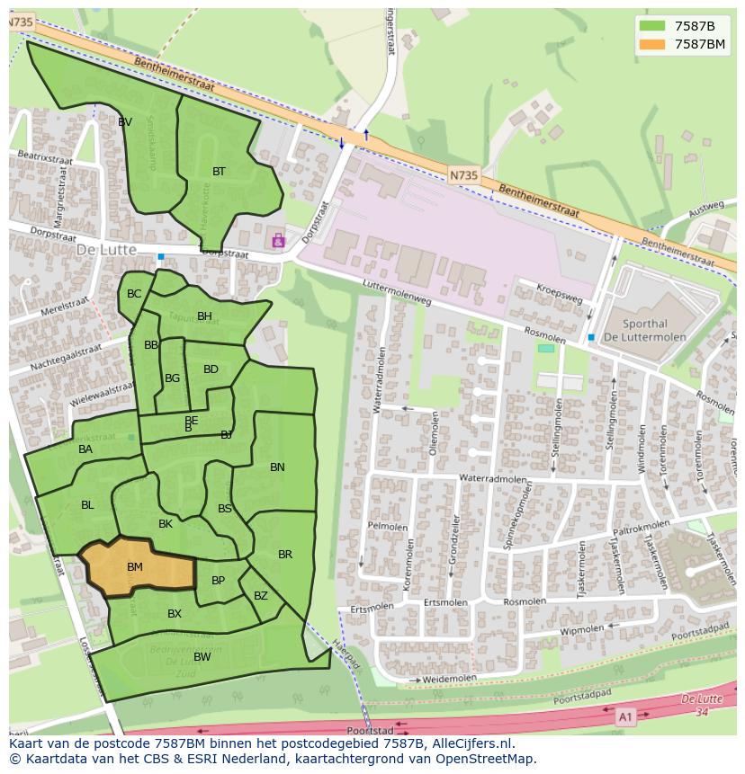 Afbeelding van het postcodegebied 7587 BM op de kaart.