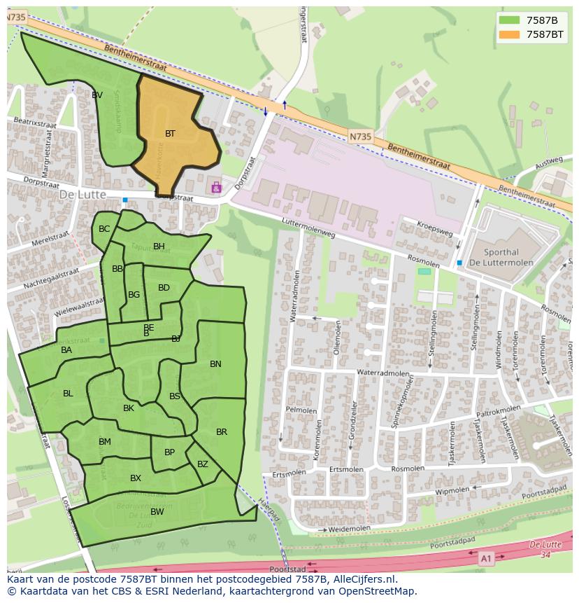 Afbeelding van het postcodegebied 7587 BT op de kaart.