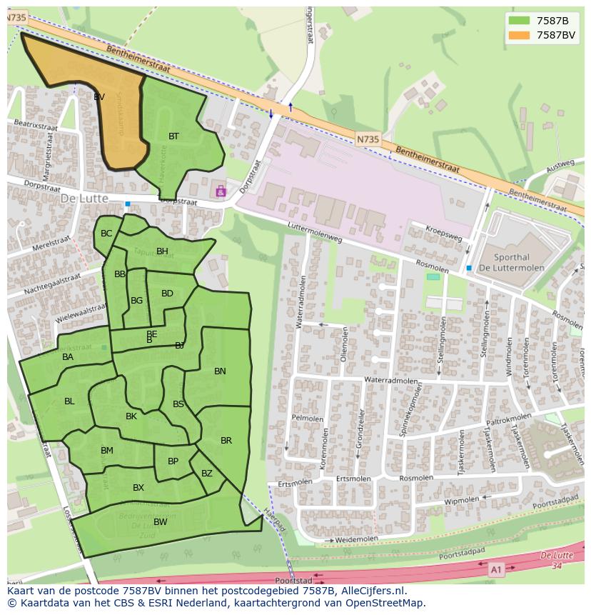 Afbeelding van het postcodegebied 7587 BV op de kaart.