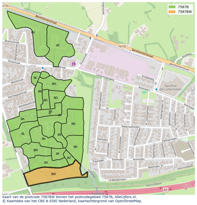 Afbeelding van het postcodegebied 7587 BW op de kaart.