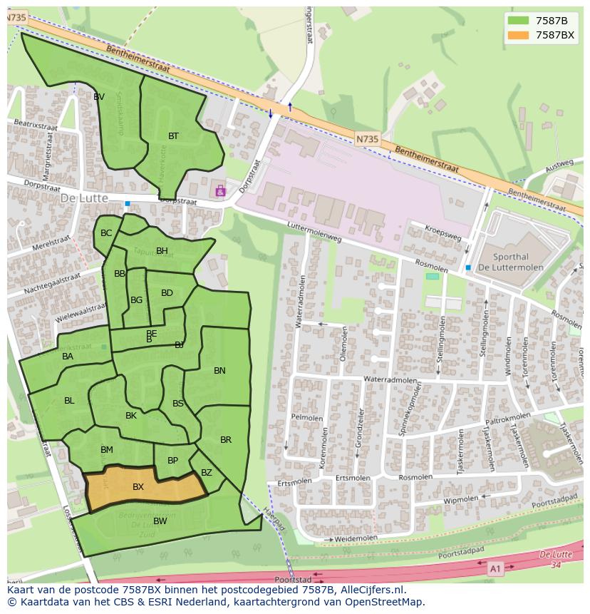Afbeelding van het postcodegebied 7587 BX op de kaart.