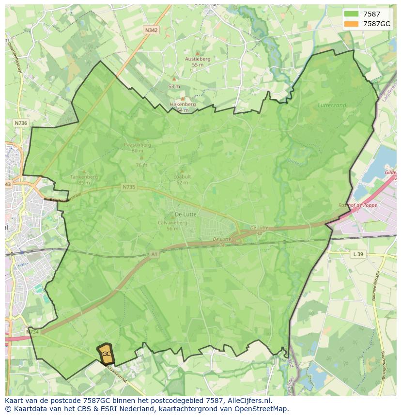 Afbeelding van het postcodegebied 7587 GC op de kaart.