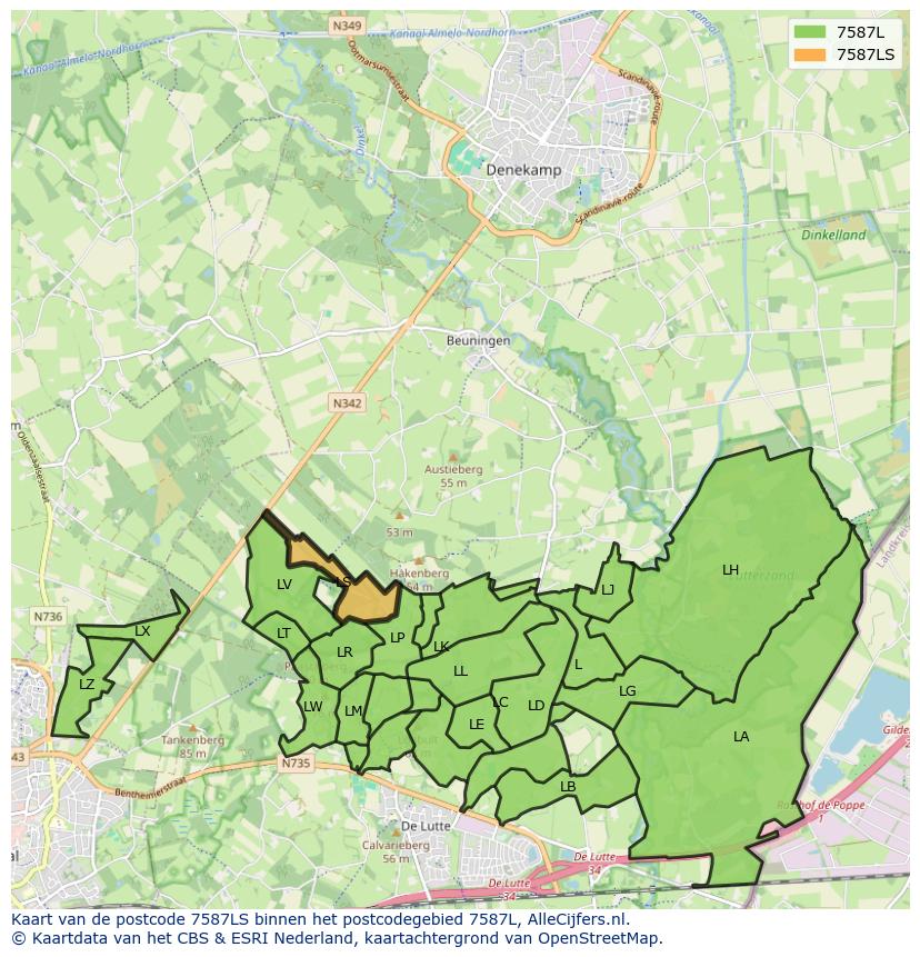 Afbeelding van het postcodegebied 7587 LS op de kaart.