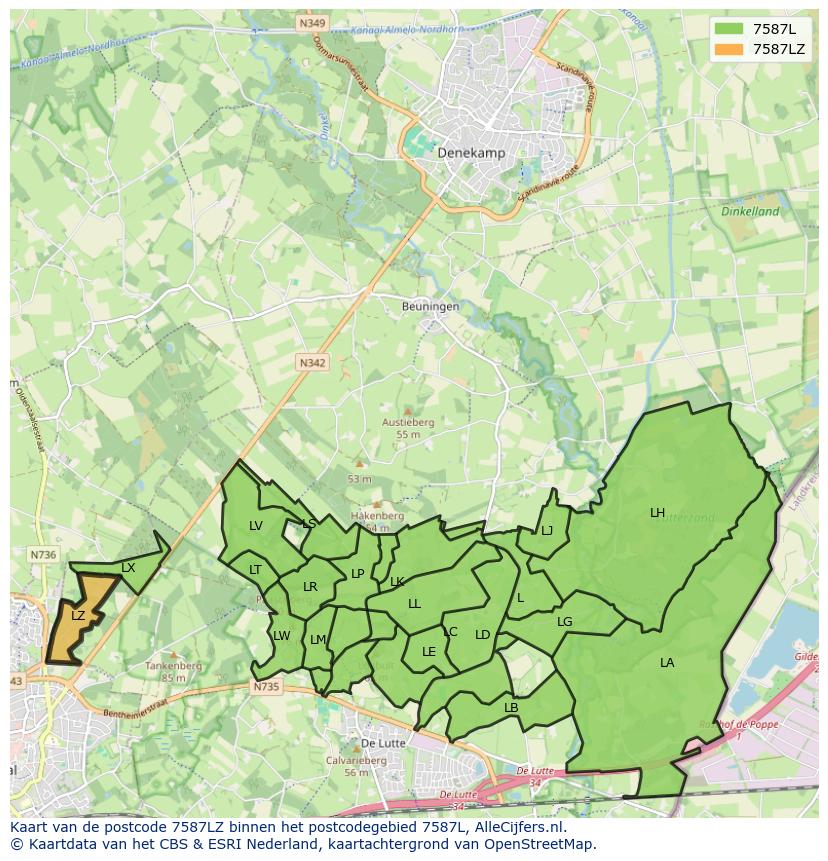 Afbeelding van het postcodegebied 7587 LZ op de kaart.