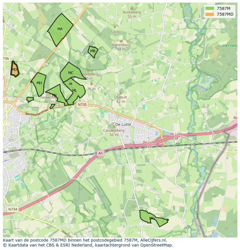 Afbeelding van het postcodegebied 7587 MD op de kaart.