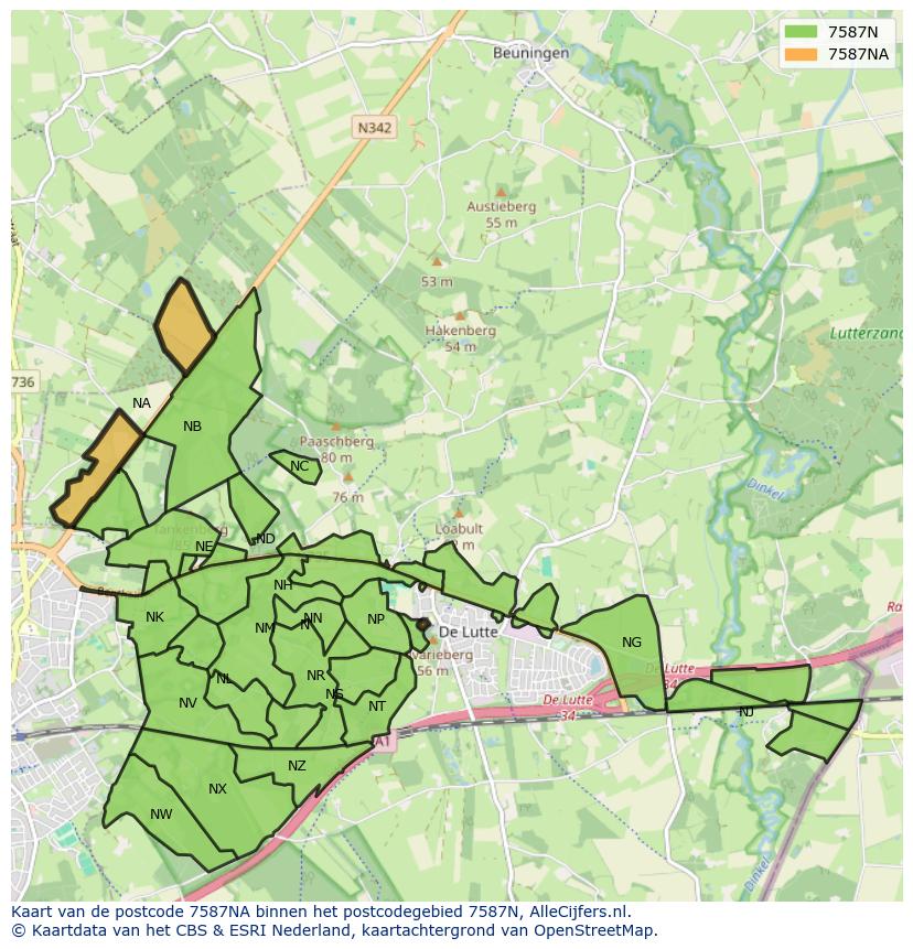 Afbeelding van het postcodegebied 7587 NA op de kaart.