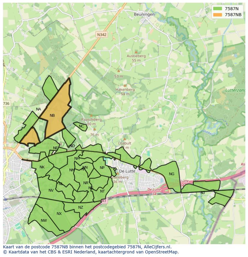 Afbeelding van het postcodegebied 7587 NB op de kaart.