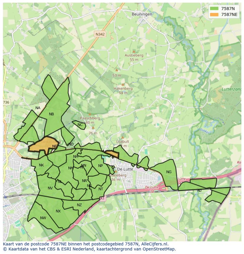 Afbeelding van het postcodegebied 7587 NE op de kaart.