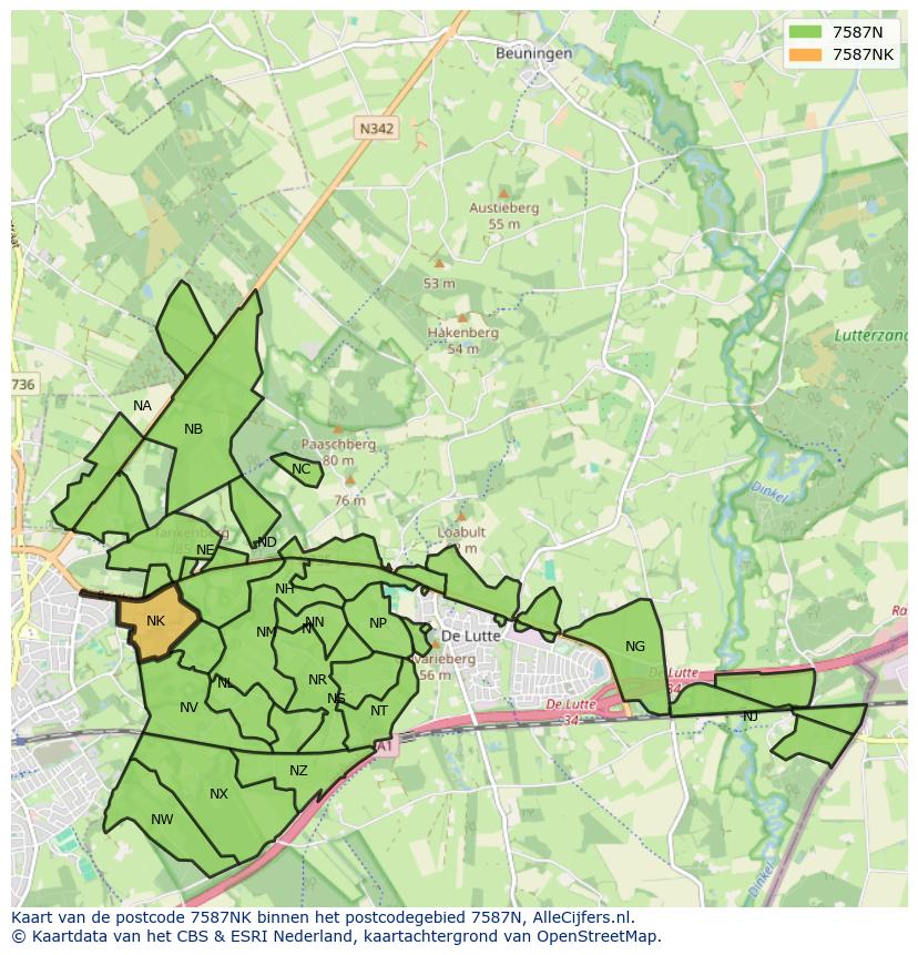 Afbeelding van het postcodegebied 7587 NK op de kaart.