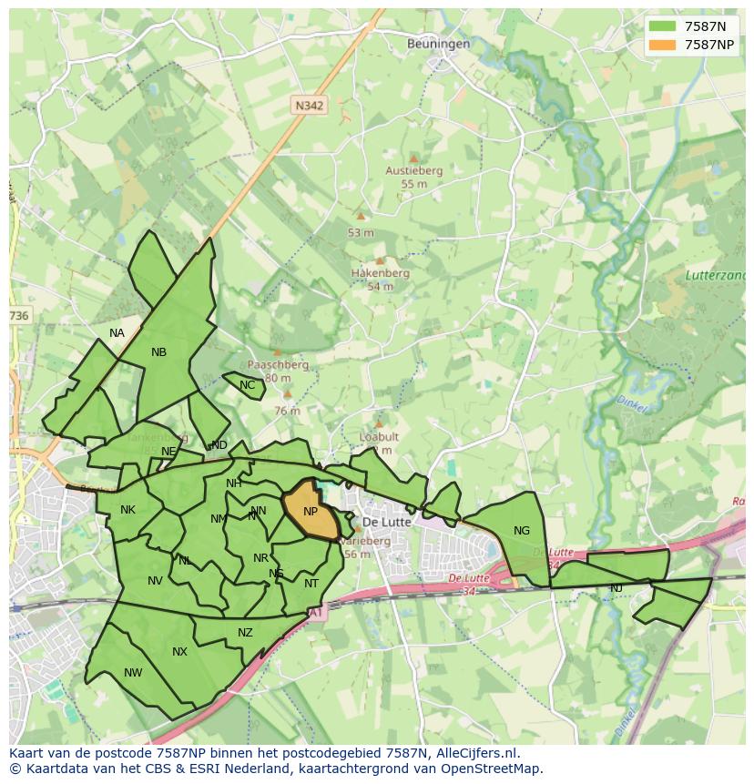 Afbeelding van het postcodegebied 7587 NP op de kaart.