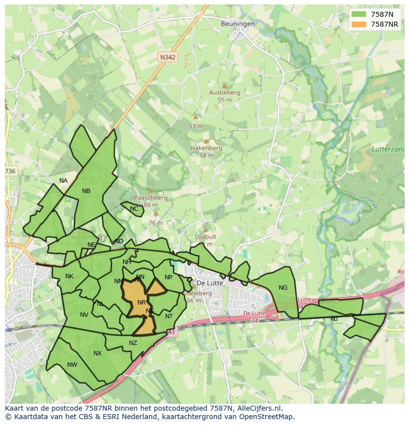 Afbeelding van het postcodegebied 7587 NR op de kaart.