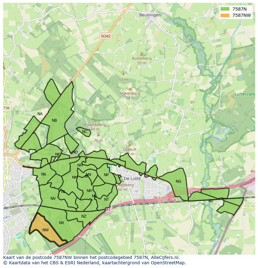 Afbeelding van het postcodegebied 7587 NW op de kaart.