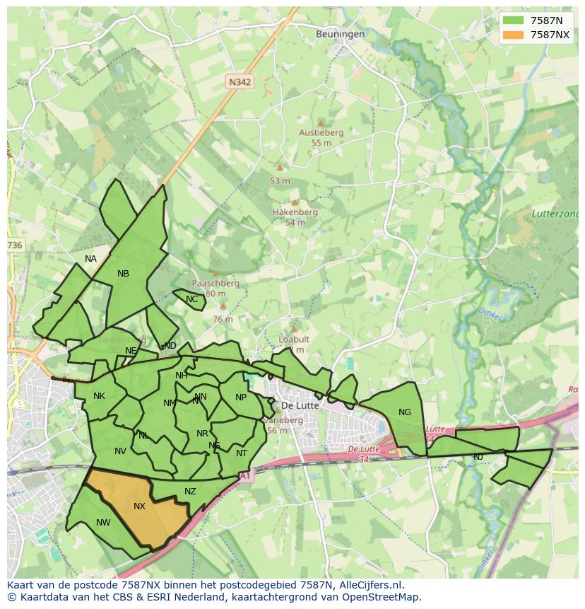 Afbeelding van het postcodegebied 7587 NX op de kaart.