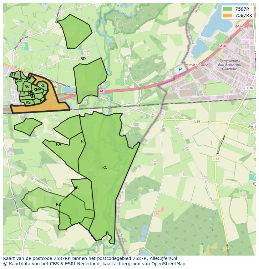 Afbeelding van het postcodegebied 7587 RK op de kaart.