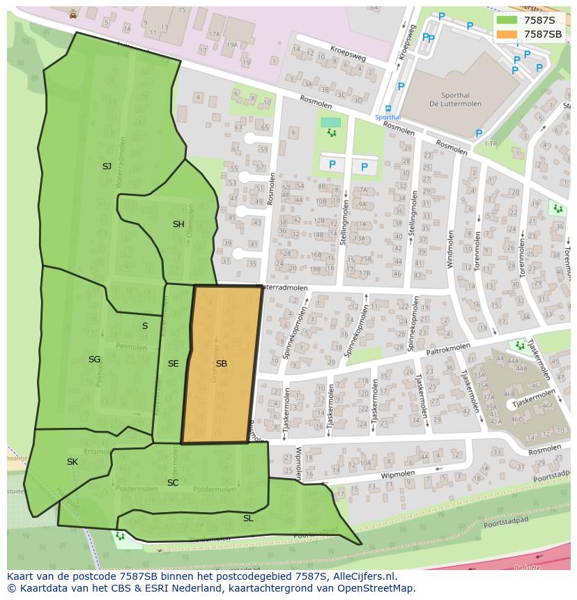 Afbeelding van het postcodegebied 7587 SB op de kaart.