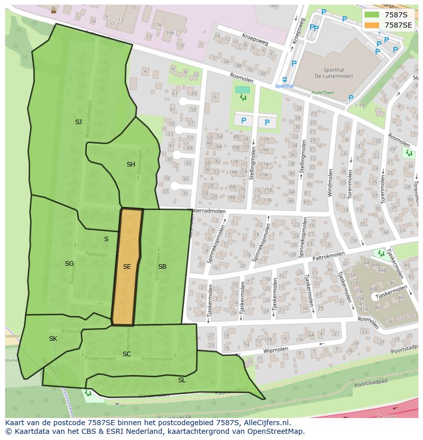 Afbeelding van het postcodegebied 7587 SE op de kaart.