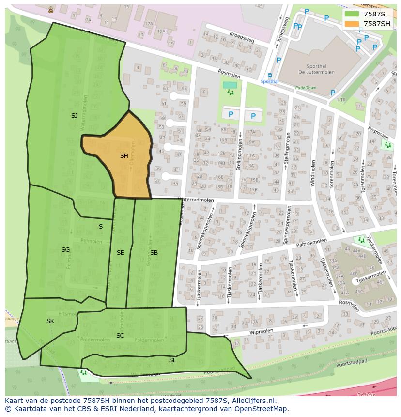 Afbeelding van het postcodegebied 7587 SH op de kaart.