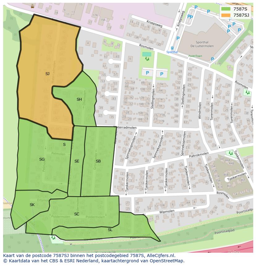 Afbeelding van het postcodegebied 7587 SJ op de kaart.