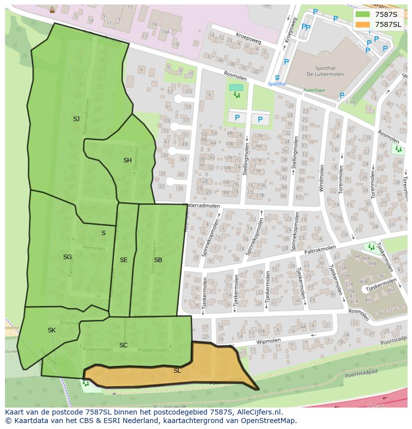 Afbeelding van het postcodegebied 7587 SL op de kaart.