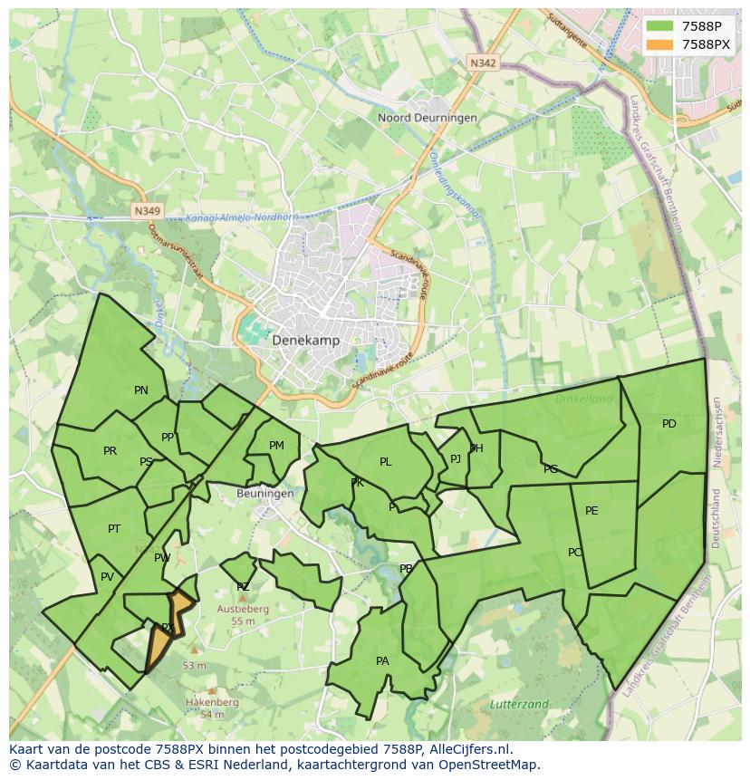Afbeelding van het postcodegebied 7588 PX op de kaart.