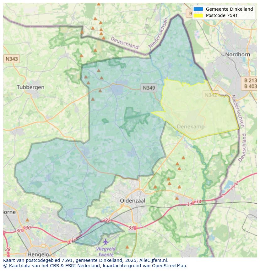 Afbeelding van het postcodegebied 7591 op de kaart.